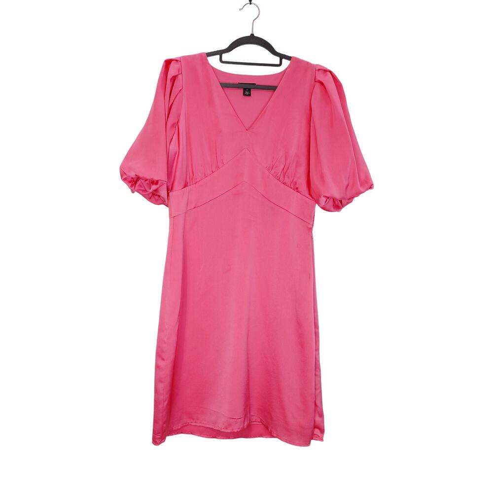 Halogen Puff Sleeve Satin Dress V-Neck Empire Waist Hot Pink Womens Size Medium - Picture 3 of 10